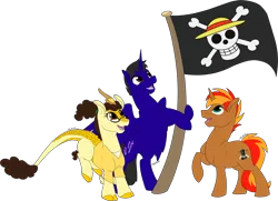 Size: 2234x1613 | Tagged: safe, artist:mythpony, derpibooru import, oc, oc:edwin, unofficial characters only, alicorn, kirin, pony, unicorn, anime, female, glasses, jolly roger, male, one piece, simple background, stallion, transparent background