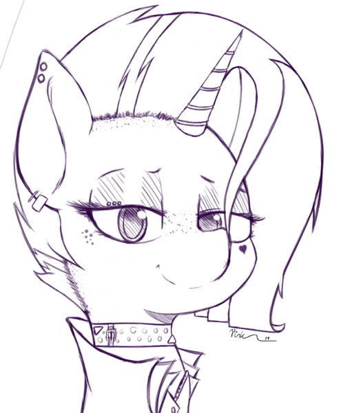 Size: 643x759 | Tagged: safe, artist:pinkberry, derpibooru import, oc, oc:mulberry merlot, unofficial characters only, pony, unicorn, alternate hairstyle, choker, clothes, drawpile, female, freckles, heart on cheek, jacket, looking at you, monochrome, piercing, popped collar, punk, simple background, sketch, solo, white background