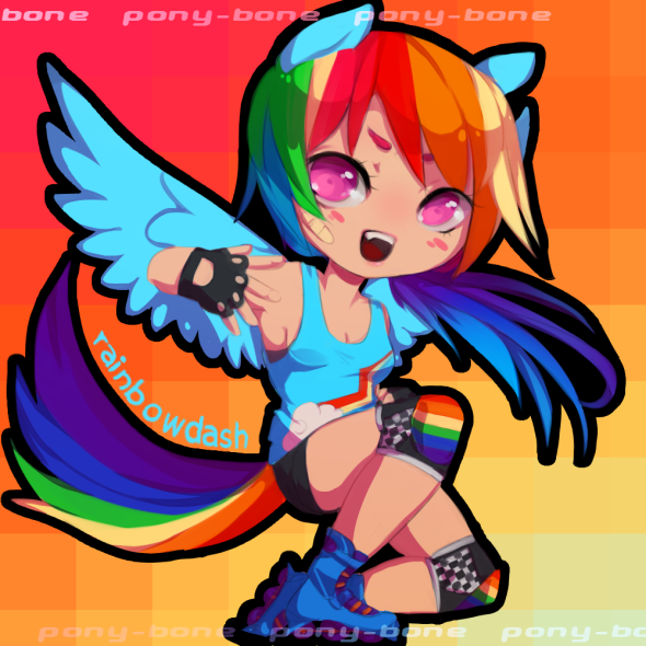 Size: 590x590 | Tagged: safe, artist:ponybone, derpibooru import, rainbow dash, human, pegasus, pony, armpits, charm, chibi, clothes, cutie mark clothes, eared humanization, female, fingerless gloves, gloves, humanized, knee pads, multicolored hair, rainbow hair, roller skates, tailed humanization, winged humanization, wings