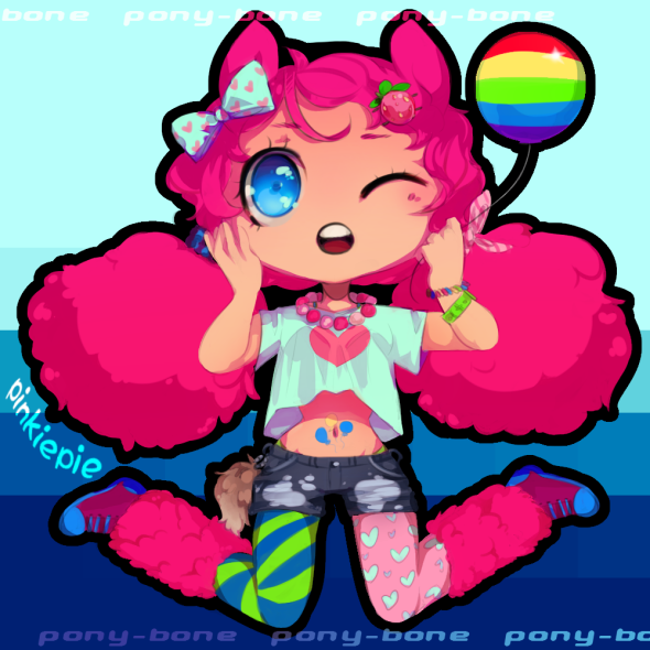 Size: 590x590 | Tagged: artist:ponybone, belly button, bow, bracelet, clothes, converse, cute, cutie mark on human, derpibooru import, diapinkes, eared humanization, hair bow, hairclip, heart, human, humanized, jewelry, necklace, one eye closed, pinkie pie, rainbow, safe, shoes, shorts, solo, speech bubble