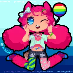 Size: 590x590 | Tagged: artist:ponybone, belly button, bow, bracelet, clothes, converse, cute, cutie mark on human, derpibooru import, diapinkes, eared humanization, hair bow, hairclip, heart, human, humanized, jewelry, necklace, one eye closed, pinkie pie, rainbow, safe, shoes, shorts, solo, speech bubble