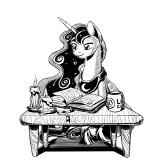 Size: 1181x1178 | Tagged: safe, artist:lexx2dot0, artist:maytee, derpibooru import, princess luna, alicorn, pony, book, candle, female, mare, monochrome, mug, reading, simple background, sitting, solo, white background