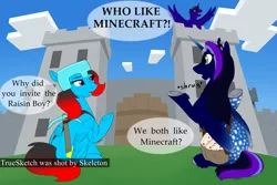 Size: 2592x1728 | Tagged: safe, artist:mythpony, derpibooru import, oc, oc:edwin, oc:luximus, oc:myth, unofficial characters only, alicorn, pegasus, pony, castle, diamond pickaxe, female, letter, male, mare, minecraft, pickaxe, stallion