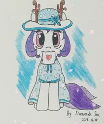 Size: 1446x1717 | Tagged: safe, artist:fireworks sea, derpibooru import, oc, oc:rain deer, unofficial characters only, earth pony, pony, clothes, dress, hat, looking at you, mouth hold, solo, traditional art