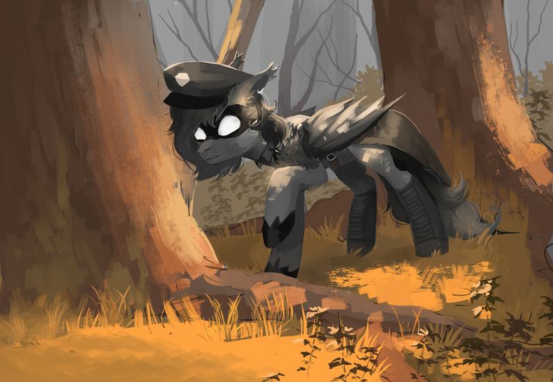 Size: 1736x1200 | Tagged: safe, artist:niehuaisang, derpibooru import, oc, oc:zenaris blackmour, unofficial characters only, bat pony, pony, bat pony oc, bat wings, cape, clothes, ear piercing, earring, forest, forest background, hat, image, jewelry, mask, piercing, png, thief, tree, wings