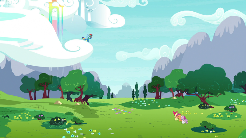 Size: 1920x1080 | Tagged: safe, derpibooru import, screencap, apple bloom, rainbow dash, scootaloo, sweetie belle, pegasus, pony, growing up is hard to do, clothes, cloud, cutie mark crusaders, female, filly, flower, foal, goggles, grass, mare, mountain, rainbow dash's house, rainbow waterfall, sky, tree, uniform, wonderbolts uniform