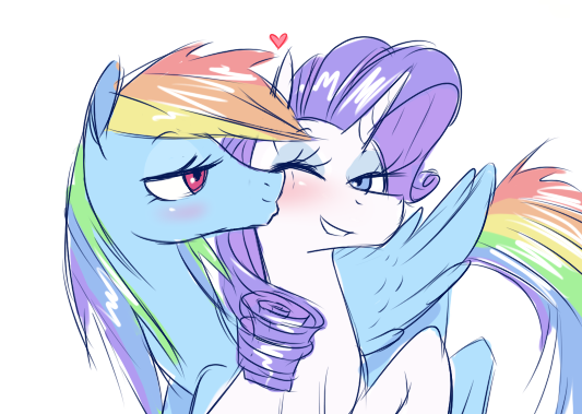 Size: 533x379 | Tagged: safe, derpibooru import, rainbow dash, rarity, pony, blushing, female, heart, kiss on the cheek, kissing, lesbian, mare, raridash, shipping, simple background, white background