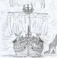 Size: 1601x1629 | Tagged: safe, artist:newman134, derpibooru import, equestria girls, boat, drawing, ghost ship, monochrome, no characters, sailing ship, ship, traditional art