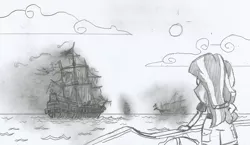 Size: 1796x1040 | Tagged: safe, artist:newman134, derpibooru import, sunset shimmer, human, equestria girls, boat, fog, ghost ship, monochrome, ocean, solo, traditional art
