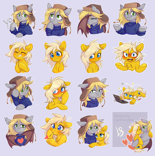 Size: 2268x2280 | Tagged: safe, artist:lightning-stars, derpibooru import, oc, oc:ellis, oc:lightning star, bat pony, earth pony, pony, clothes, duo, ellning, hat, heart, sticker, ushanka