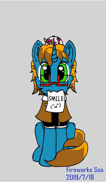 Size: 354x609 | Tagged: safe, artist:fireworks sea, derpibooru import, oc, oc:fireworks sea, unofficial characters only, pony, unicorn, glasses, looking at you, male, mouth hold, sitting, solo