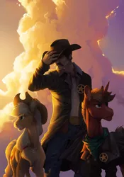 Size: 4035x5760 | Tagged: safe, artist:turnipberry, deleted from derpibooru, derpibooru import, applejack, oc, earth pony, human, pony, unicorn, fanfic, cowboy hat, facial hair, fanfic art, fanfic cover, female, hat, male, man, mare, moustache, sheriff, sheriff's badge, stallion