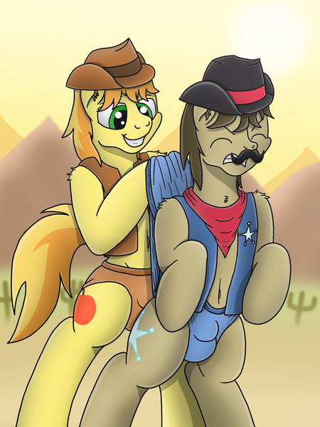 Size: 3024x4032 | Tagged: questionable, artist:tacomytaco, derpibooru import, braeburn, sheriff silverstar, earth pony, pony, bandana, belly button, bipedal, briefs, clothes, crotch bulge, eyes closed, facial hair, gay, gritted teeth, hat, male, moustache, open clothes, pain, underwear, vest, wedgie