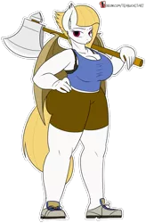 Size: 907x1383 | Tagged: safe, artist:teabucket, deleted from derpibooru, derpibooru import, oc, oc:eventide, unofficial characters only, anthro, bat pony, axe, female, muscles, patreon, patreon logo, simple background, solo, transparent background, weapon