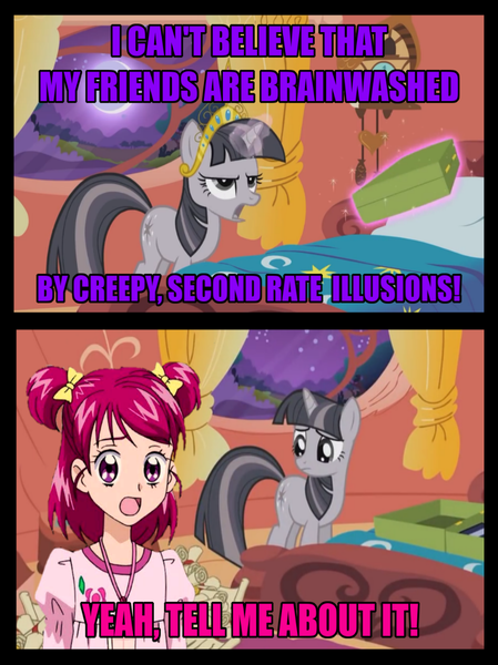 Size: 896x1198 | Tagged: safe, derpibooru import, edit, edited screencap, screencap, twilight sparkle, unicorn, the return of harmony, anime, bed, big crown thingy, caption, discorded, discorded twilight, element of magic, golden oaks library, image macro, jewelry, nozomi yumehara, precure, regalia, text, unicorn twilight, yes! precure 5