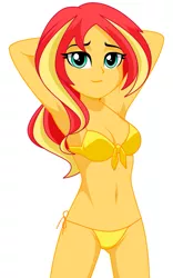 Size: 871x1392 | Tagged: suggestive, alternate version, artist:rosemile mulberry, derpibooru import, sunset shimmer, equestria girls, arm behind head, armpits, bedroom eyes, belly button, bikini, breasts, clothes, female, lidded eyes, looking at you, solo, solo female, string bikini, swimsuit, yellow swimsuit