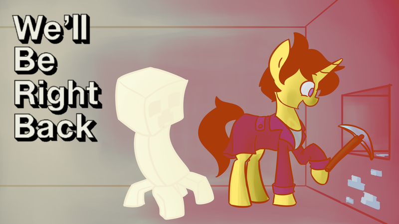 Size: 3840x2160 | Tagged: safe, artist:spheedc, derpibooru import, oc, oc:dream chaser, pony, unicorn, blocks, clothes, creeper, diamond, digital art, imminent death, imminent explosion, jacket, male, minecraft, pickaxe, solo, stallion, this will end in tears, we'll be right back