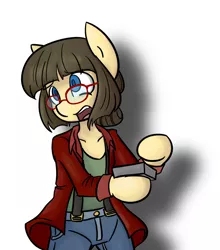 Size: 1300x1478 | Tagged: safe, artist:spheedc, derpibooru import, oc, oc:sphee, earth pony, semi-anthro, bipedal, button, clothes, digital art, female, glasses, jacket, mare, shadow, simple background, solo, suspenders, white background, worried