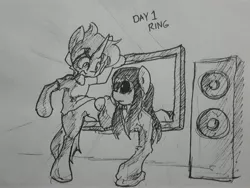 Size: 3456x2592 | Tagged: safe, artist:spheedc, derpibooru import, oc, oc:dream chaser, ponified, ghost, ghost pony, pony, semi-anthro, undead, unicorn, bipedal, inktober, inktober 2019, male, speakers, stallion, television, the ring, traditional art