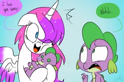 Size: 1024x675 | Tagged: safe, artist:emositecc, derpibooru import, spike, oc, oc:chrystalsapphire, alicorn, dragon, pony, alicorn oc, canon x oc, confused, crush plush, cute, fangirl, female, horn, male, mare, plushie, self plushidox, shipping, spikelove, straight, uhh, wings