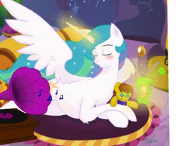 Size: 1200x1000 | Tagged: safe, artist:sipioc, derpibooru import, princess celestia, oc, oc:baked bean, alicorn, pony, fanfic:pregnant noses know, blushing, fanfic art, knitting, link in description, missing accessory, phonograph, plushie, preglestia, pregnant, relaxed