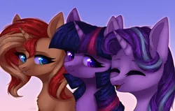 Size: 1860x1183 | Tagged: safe, artist:avrameow, derpibooru import, starlight glimmer, sunset shimmer, twilight sparkle, twilight sparkle (alicorn), alicorn, pony, unicorn, bust, chest fluff, cute, digital art, female, mare, portrait, smiling, trio, trio female