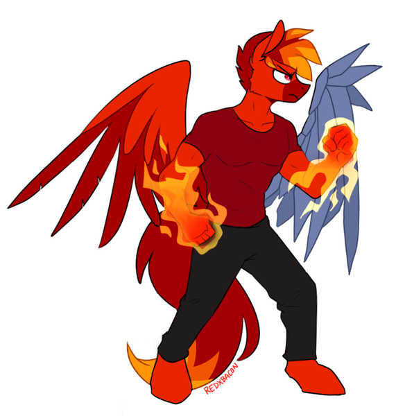 Size: 777x817 | Tagged: amputee, anthro, artificial wings, artist:redxbacon, augmented, commission, derpibooru import, fire, male, oc, oc:burning inferno, pegasus, pegasus oc, plantigrade anthro, prosthetic limb, prosthetics, prosthetic wing, pyromancer, pyromancy, safe, solo, wings