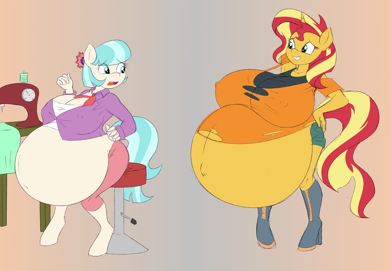 Size: 2908x2016 | Tagged: anthro, armpits, artist:funble, artist:pacificside18, belly, belly button, big belly, big breasts, breasts, busty coco pommel, busty sunset shimmer, cleavage, clothes, coco pommel, coco preggo, derpibooru import, erect nipples, female, flower, flower in hair, high heels, huge belly, huge breasts, hyper, hyper belly, hyper pregnancy, impossibly large belly, impossibly large breasts, nipple outline, pants, pregnant, questionable, sewing machine, shirt, shoes, shorts, simple background, sunset preggers, sunset shimmer, undershirt, unguligrade anthro, wardrobe malfunction