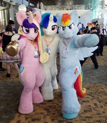 Size: 835x957 | Tagged: safe, artist:dolphinaphinity, artist:qtpony, artist:spainfischer, derpibooru import, princess cadance, rainbow dash, vinyl scratch, human, pegasus, pony, unicorn, bronycon, bronycon 2019, fursuit, irl, irl human, photo