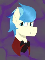 Size: 1423x1900 | Tagged: safe, artist:dyonys, derpibooru import, oc, oc:chatty pie, pony, abstract background, bust, clothes, costume, ear fluff, fangs, male, nightmare night, stallion