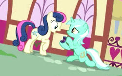 Size: 400x250 | Tagged: safe, derpibooru import, screencap, blues, bon bon, lyra heartstrings, noteworthy, sweetie drops, earth pony, pony, unicorn, the big mac question, animated, background characters doing background things, background pony, blink and you'll miss it, canon, cropped, female, gif, it finally happened, it happened, lesbian, lyrabon, marriage proposal, raised hoof, shipping