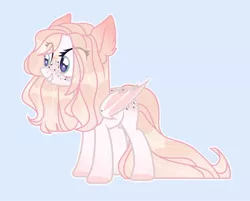 Size: 1280x1031 | Tagged: safe, artist:fliyingrainbow, derpibooru import, oc, oc:giselle, bat pony, pony, blue background, female, freckles, image, jpeg, mare, membranous wings, pink coat, simple background, solo, wings