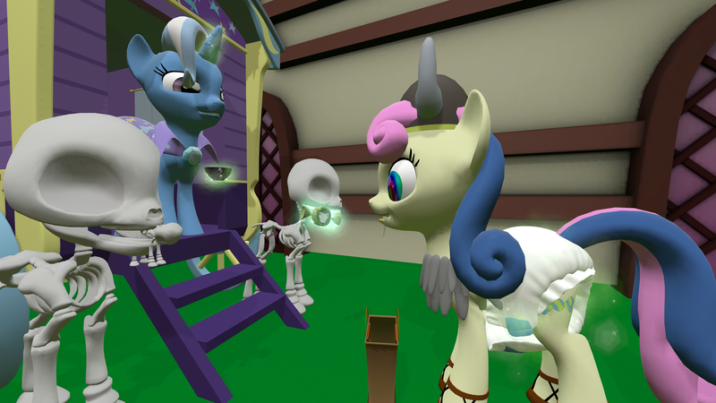 Size: 3840x2160 | Tagged: 3d, 4k, artist:mrdoctorderpy, bon bon, bone, candy, clothes, costume, derpibooru import, diaper, diaper fetish, diapering, fetish, food, halloween, holiday, mental regression, mind control, skeleton, skeleton pony, source filmmaker, suggestive, sweetie drops, sweets, swirly eyes, trick or treat, trixie, trixie's wagon, viking