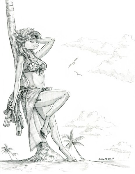 Size: 1000x1294 | Tagged: safe, artist:baron engel, derpibooru import, tree hugger, anthro, bird, earth pony, unguligrade anthro, beach, bikini, bottle, clothes, colored hooves, grayscale, monochrome, palm tree, pencil drawing, solo, stupid sexy tree hugger, swimsuit, traditional art, tree