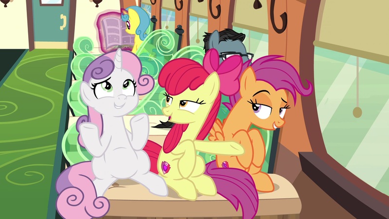 Size: 1920x1080 | Tagged: safe, derpibooru import, screencap, apple bloom, lemon hearts, scootaloo, sweetie belle, pony, growing up is hard to do, belly, cropped, cutie mark, cutie mark crusaders, friendship express, lidded eyes, looking at each other, older, older apple bloom, older cmc, older scootaloo, older sweetie belle, raised eyebrow, sitting, smiling, smirk, the cmc's cutie marks, train, trio focus