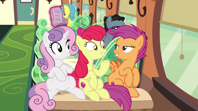 Size: 1920x1080 | Tagged: safe, derpibooru import, screencap, apple bloom, lemon hearts, scootaloo, sweetie belle, pony, growing up is hard to do, cropped, cutie mark crusaders, friendship express, lidded eyes, looking at each other, older, older apple bloom, older scootaloo, older sweetie belle, open mouth, sitting, smiling, train, trio focus