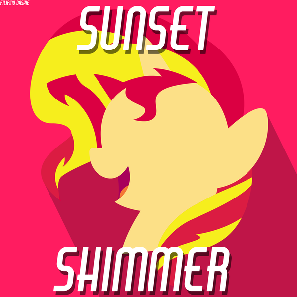 Size: 1800x1800 | Tagged: safe, artist:caliazian, artist:filipino-dashie, derpibooru import, sunset shimmer, pony, unicorn, bust, female, horn, lineless, mare, minimalist, modern art, open mouth, portrait, red background, simple background, smiling, solo, watermark