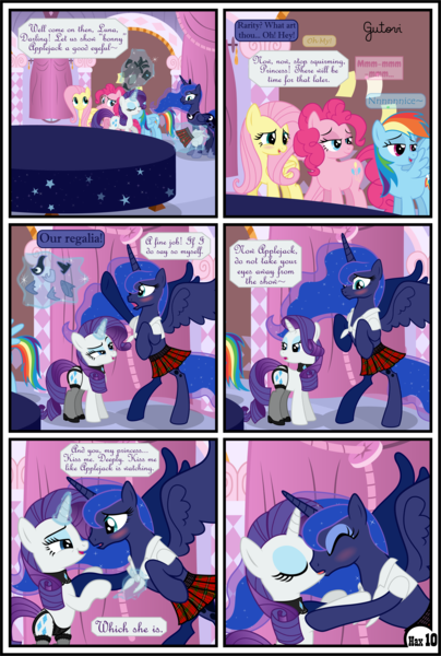 Size: 3255x4839 | Tagged: questionable, artist:gutovi, derpibooru import, fluttershy, pinkie pie, princess luna, rainbow dash, rarity, alicorn, earth pony, pegasus, pony, unicorn, comic:why me!?, adorasexy, alternate ending, applejack gets all the mares, bed, bipedal, carousel boutique, clothes, comic, cute, female, females only, front knot midriff, garter belt, garters, glowing horn, harem, high heels, horn, implied applejack, lesbian, long socks, magic, midriff, miniskirt, offscreen character, panties, plaid skirt, pleated skirt, polyamory, polygamy, rariluna, raripanty, school uniform, schoolgirl, sexy, shipping, shoes, show accurate, show accurate porn, skirt, socks, spread wings, standing, telekinesis, thigh highs, underwear, wingboner, wings