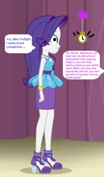Size: 407x691 | Tagged: safe, derpibooru import, edit, edited screencap, editor:thomasfan45, screencap, rarity, equestria girls, equestria girls series, stressed in show, 1000 hours in ms paint, blank expression, bracelet, clothes, cropped, cute, geode of shielding, high heels, hypno eyes, hypnosis, hypnotherapy, hypnotized, implied twilight sparkle, jewelry, magic, magic aura, magical geodes, offscreen character, pencil skirt, pendulum swing, pocket watch, shoes, side view, smiling, solo, speech bubble, standing, story included
