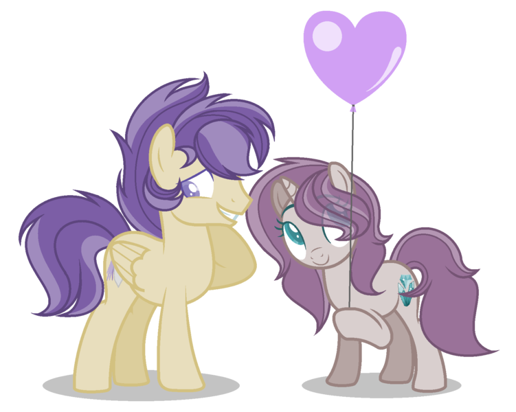 Size: 1720x1374 | Tagged: safe, artist:browniepawyt, derpibooru import, oc, oc:amethyst, oc:elijah, unofficial characters only, pegasus, pony, unicorn, balloon, base used, colored pupils, female, magical lesbian spawn, male, mare, oc x oc, offspring, offspring shipping, parent:angel wings, parent:petunia paleo, parent:rarity, parent:scootaloo, shipping, stallion