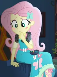 Size: 719x958 | Tagged: suggestive, artist:wolf, derpibooru import, edit, edited screencap, screencap, fluttershy, costume conundrum, equestria girls, equestria girls series, spoiler:choose your own ending (season 2), spoiler:eqg series (season 2), accident, blushing, clothes, controller, cropped, desperation, dress, embarrassed, fetish, need to pee, omorashi, pee edit, peeing in the dress, pissing, potty emergency, potty time, sunset's apartment, urine, video game, watersports, wetting