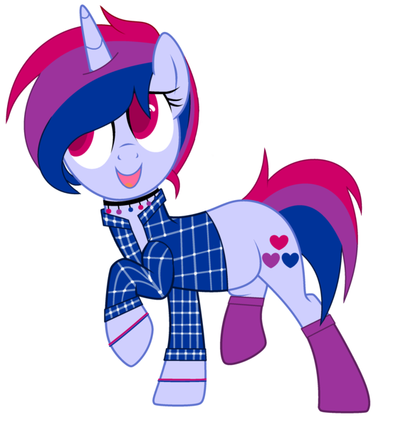 Size: 2752x2952 | Tagged: safe, artist:celestial-rue0w0, artist:teepew, derpibooru import, oc, oc:indigo hearts, unofficial characters only, pony, unicorn, base used, choker, clothes, commission, femboy, flannel, male, multicolored hair, open mouth, raised hoof, raised leg, simple background, socks, stallion, transparent background, wristband