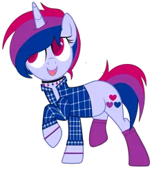 Size: 2752x2952 | Tagged: safe, artist:celestial-rue0w0, artist:teepew, derpibooru import, oc, oc:indigo hearts, unofficial characters only, pony, unicorn, base used, choker, clothes, commission, femboy, flannel, male, multicolored hair, open mouth, raised hoof, raised leg, simple background, socks, stallion, transparent background, wristband