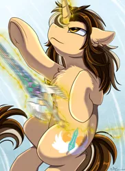 Size: 2550x3509 | Tagged: safe, artist:pridark, derpibooru import, oc, oc:blade trail, unofficial characters only, pony, unicorn, digital art, magic, male, patreon, patreon reward, smiling, solo, stallion, sword, weapon