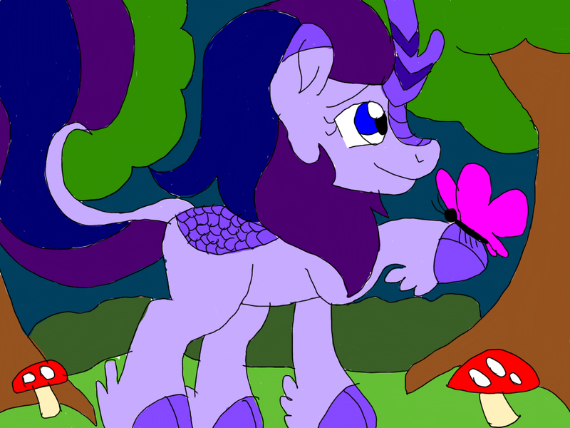 Size: 1024x768 | Tagged: safe, artist:wolfspiritclan, derpibooru import, oc, oc:adean ruby nights, unofficial characters only, butterfly, kirin, kirinified, mushroom, self insert, species swap, toadstool