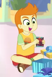 Size: 462x682 | Tagged: safe, derpibooru import, screencap, gallop j. fry, equestria girls, equestria girls series, holidays unwrapped, spoiler:eqg series (season 2), clothes, converse, cropped, crossed legs, cute, game, gift giving, legs, male, present, shoes, shorts, smiling, tirek's revenge, video game, winter break-in