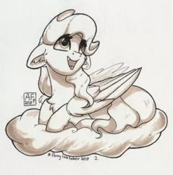 Size: 3455x3500 | Tagged: safe, artist:airfly-pony, derpibooru import, vapor trail, pegasus, pony, cloud, cute, female, floppy ears, grayscale, inktober, inktober 2019, looking up, mare, monochrome, open mouth, prone, smiling, solo, traditional art, vaporbetes