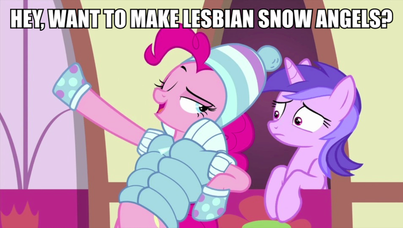 Size: 1192x675 | Tagged: safe, derpibooru import, edit, edited screencap, screencap, amethyst star, pinkie pie, earth pony, pony, unicorn, hearth's warming shorts, sundae sundae sundae, spoiler:interseason shorts, bipedal, bipedal leaning, caption, clothes, coat, female, hat, image macro, leaning, lesbian, mare, one eye closed, pinkieswirl, shipping, text, toque, winter clothes, wrong hairstyle