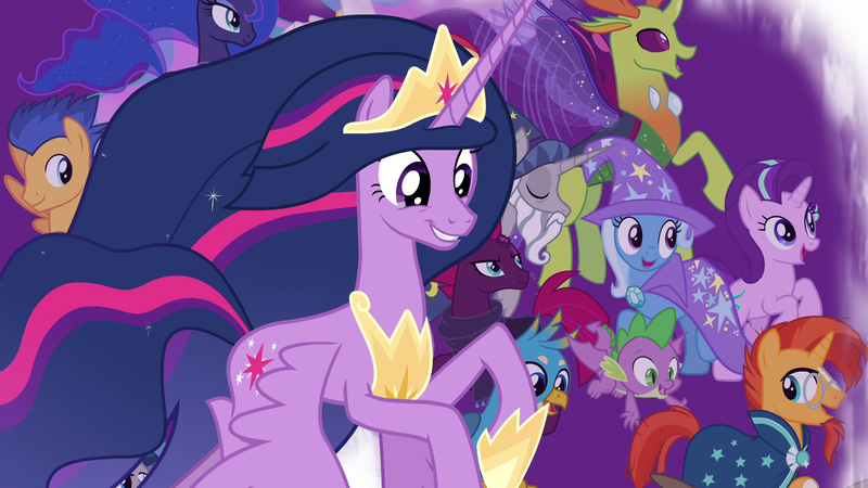 Size: 1920x1080 | Tagged: safe, derpibooru import, screencap, fizzlepop berrytwist, flash sentry, gallus, princess celestia, princess luna, spike, star swirl the bearded, starlight glimmer, sunburst, tempest shadow, thorax, trixie, twilight sparkle, twilight sparkle (alicorn), alicorn, changedling, changeling, dragon, gryphon, pegasus, pony, unicorn, the last problem, king thorax, winged spike