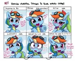 Size: 1600x1300 | Tagged: safe, artist:pabbley, derpibooru import, rainbow dash, oc, oc:anon, human, pegasus, pony, blushing, clothes, comic, crying, cute, dashabetes, dialogue, doing loving things, ear scratch, exclamation point, female, goggles, happy, human male, interrobang, looking at you, male, mare, meme, not doing hurtful things to your waifu, offscreen character, open mouth, petting, question, question mark, smiling, solo, tears of joy, underhoof, uniform, waifu, waifu chart, wonderbolts uniform